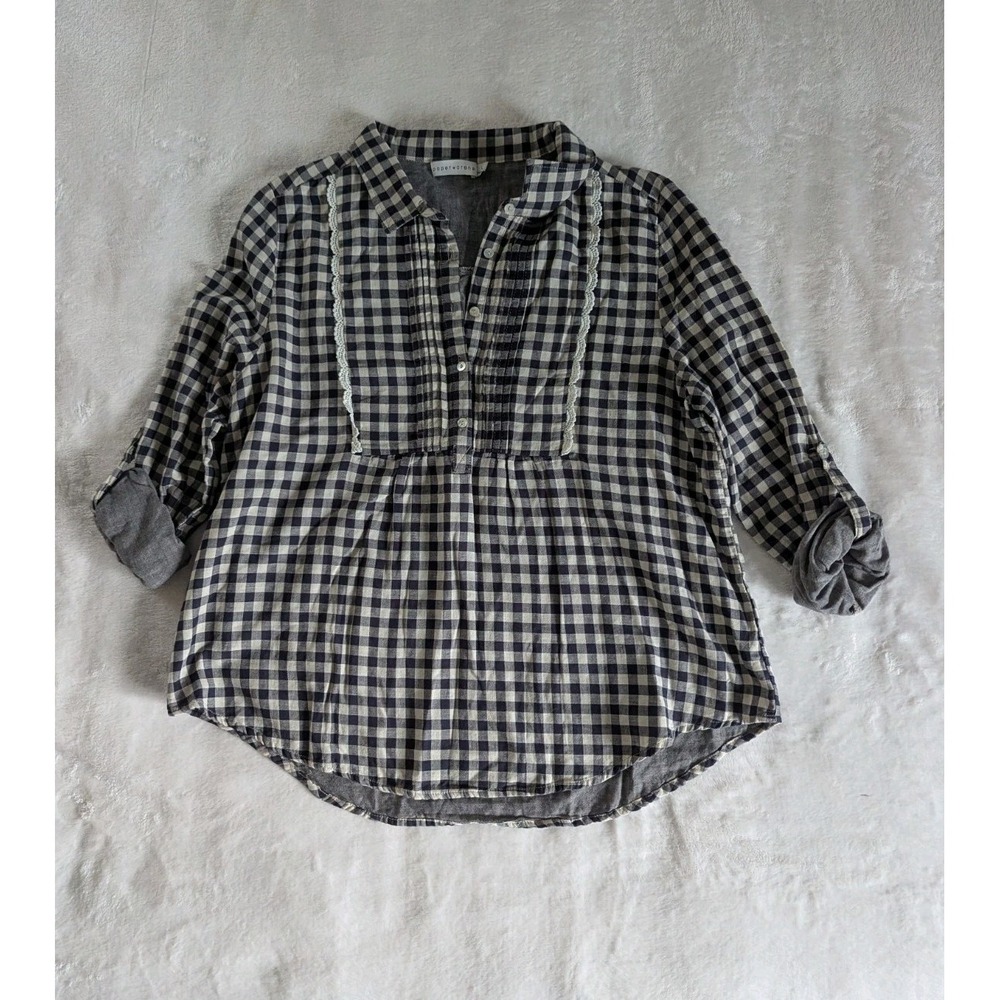 Paper Crane Top Navy Gingham Lace Trim Pintuck Button Up Sz L Cottagecore Boho